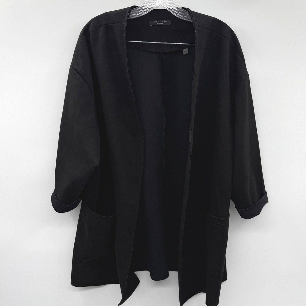 Tahari Woman Black Open Front Blazer Faux Leather Trim‎ Cardigan Jacket XL Layer